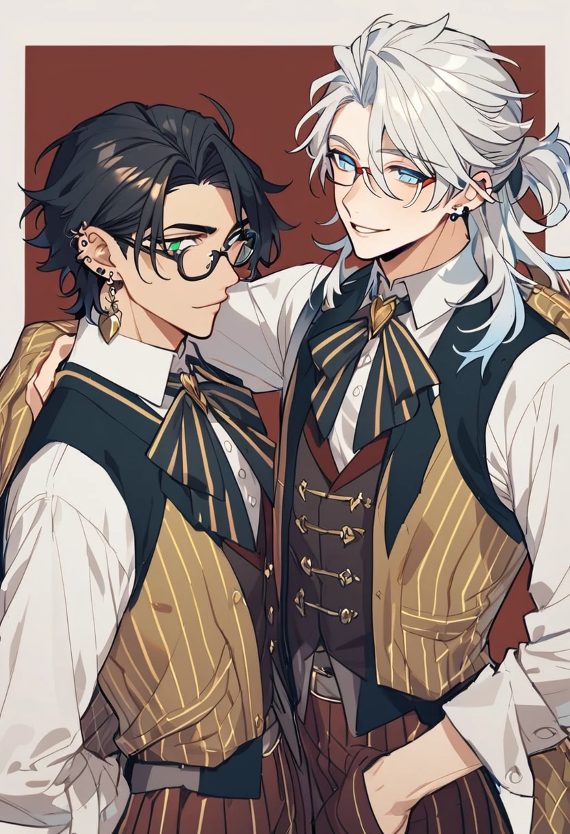 (2 guys, gay couple) (Male,5'4,pierced ears,light skin,blue eyes, white long hair half up half down,hogwards uniform) and (Male,5'8,glasses,light skin,green eyes,messy black hair,hogwards uniform)