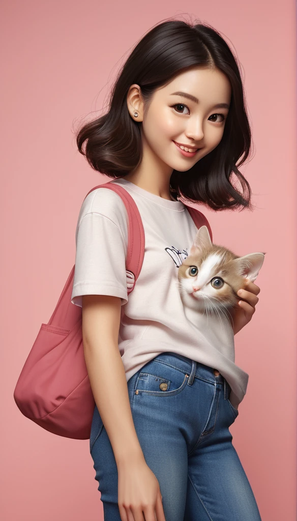 A detailed and cute illustration of a girl with a kitten peeking out from her pocket. The girl has a cheerful expression, wearing casual clothes, and the pocket is on her chest. The kitten is small with big eyes, appearing curious and playful, with its front paws and head sticking out of the pocket. The background is simple, focusing on the girl and the kitten.