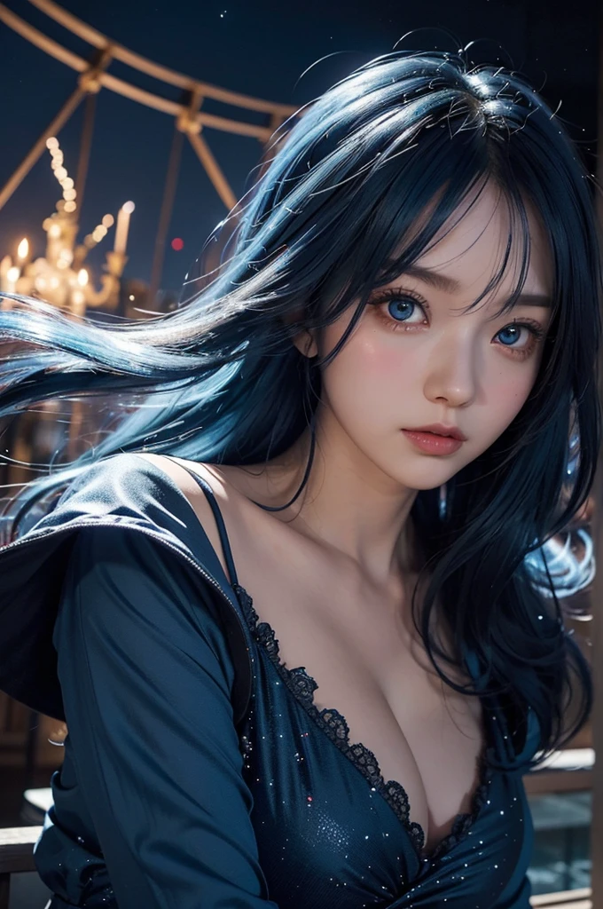 Ultra HD、A beautiful blue-haired character、Very large eyes like in an anime、Red burning cheeks、Night scene with starry sky background、Wearing a gorgeous dress、Subtle details、A fantastic atmosphere、Anime style