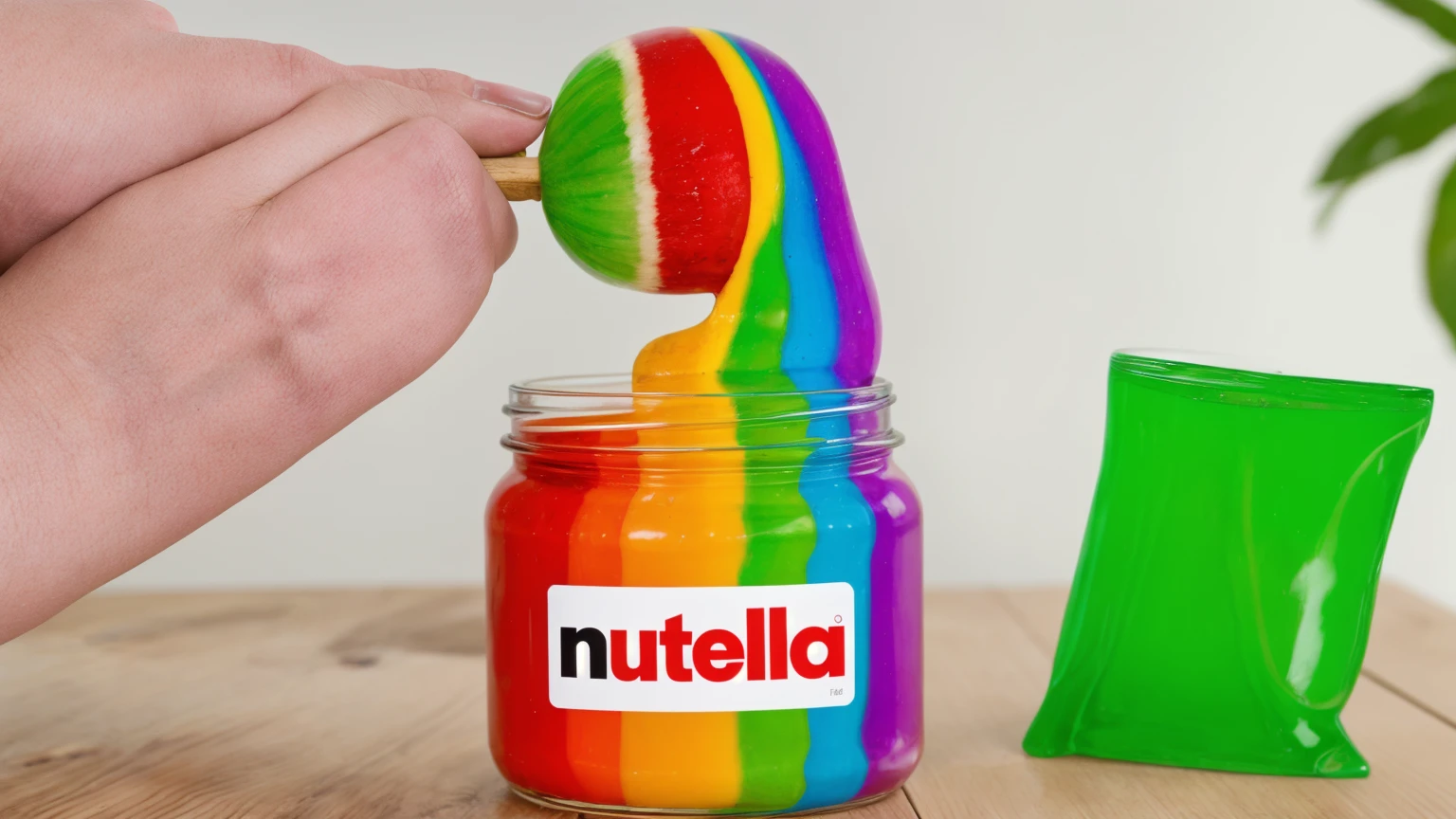 on a wooden table, there's a jar with rainbow cream inside, chupachups on a stick red white and green, Chupa Chups dipped in rainbow cream, rainbow cream stretches from a jar, There is a cellophane package for green chips on the table., beautiful lighting, Beautiful sunlight, Realistic style , realistic texture, detailed texture, a high resolution, high quality, ultra hd 4k