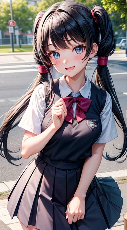 1girl, minamoto_shizuka, bangs, short twintails,,pink skirt, smile