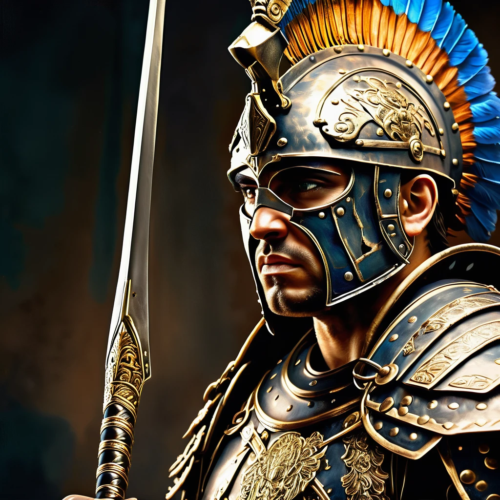 a fierce and battle-worn gladiator, detailed armour, ancient greek armour, dramatic lighting, chiaroscuro, scars that tell tales, holding a spear, determined expression, longing for freedom, cinematic composition, dramatic shadows, digital painting, (best quality,4k,8k,highres,masterpiece:1.2),ultra-detailed,(realistic,photorealistic,photo-realistic:1.37)