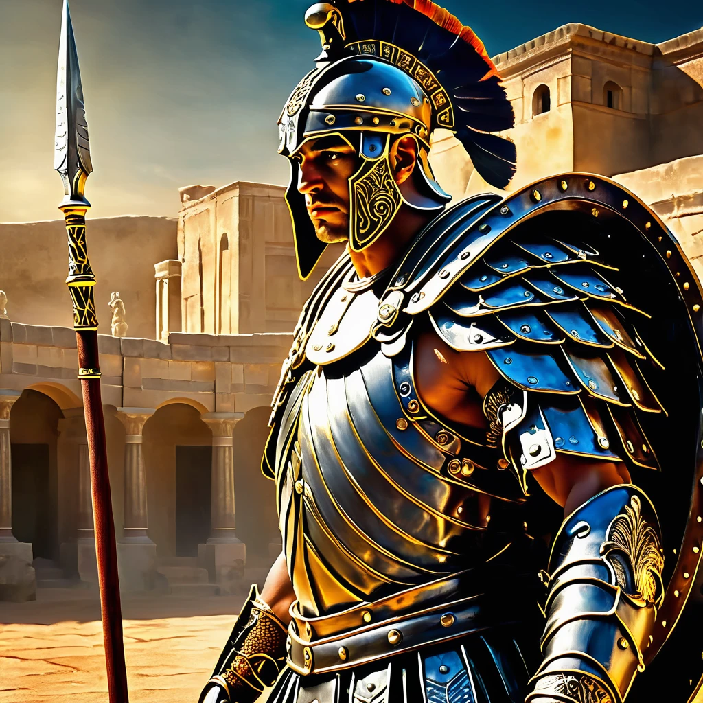 a fierce and battle-worn gladiator, detailed armour, ancient greek armour, dramatic lighting, chiaroscuro, scars that tell tales, holding a spear, determined expression, longing for freedom, cinematic composition, dramatic shadows, digital painting, (best quality,4k,8k,highres,masterpiece:1.2),ultra-detailed,(realistic,photorealistic,photo-realistic:1.37)