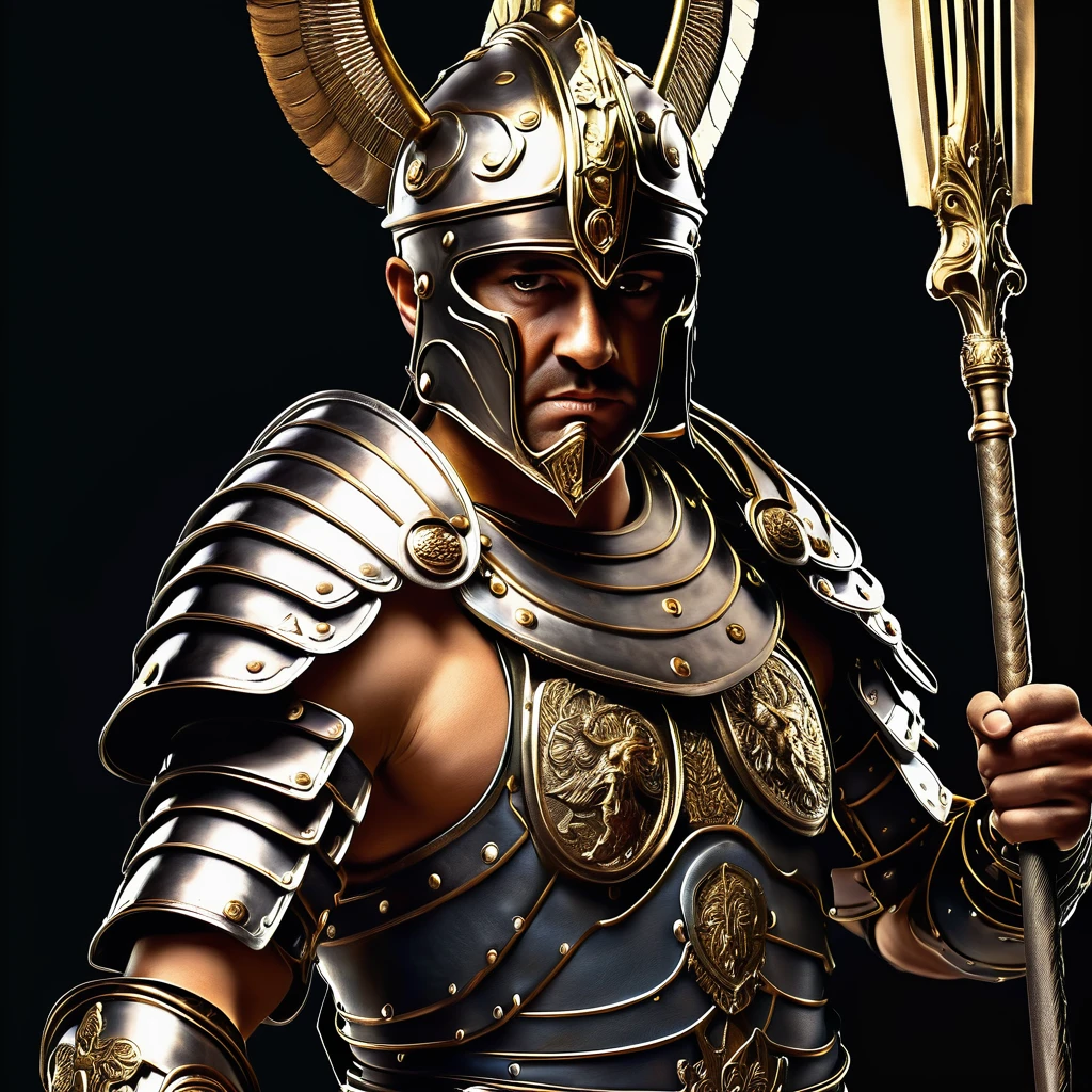 a fierce and battle-worn gladiator, detailed armour, ancient greek armour, dramatic lighting, chiaroscuro, scars that tell tales, holding a spear, determined expression, longing for freedom, cinematic composition, dramatic shadows, digital painting, (best quality,4k,8k,highres,masterpiece:1.2),ultra-detailed,(realistic,photorealistic,photo-realistic:1.37)