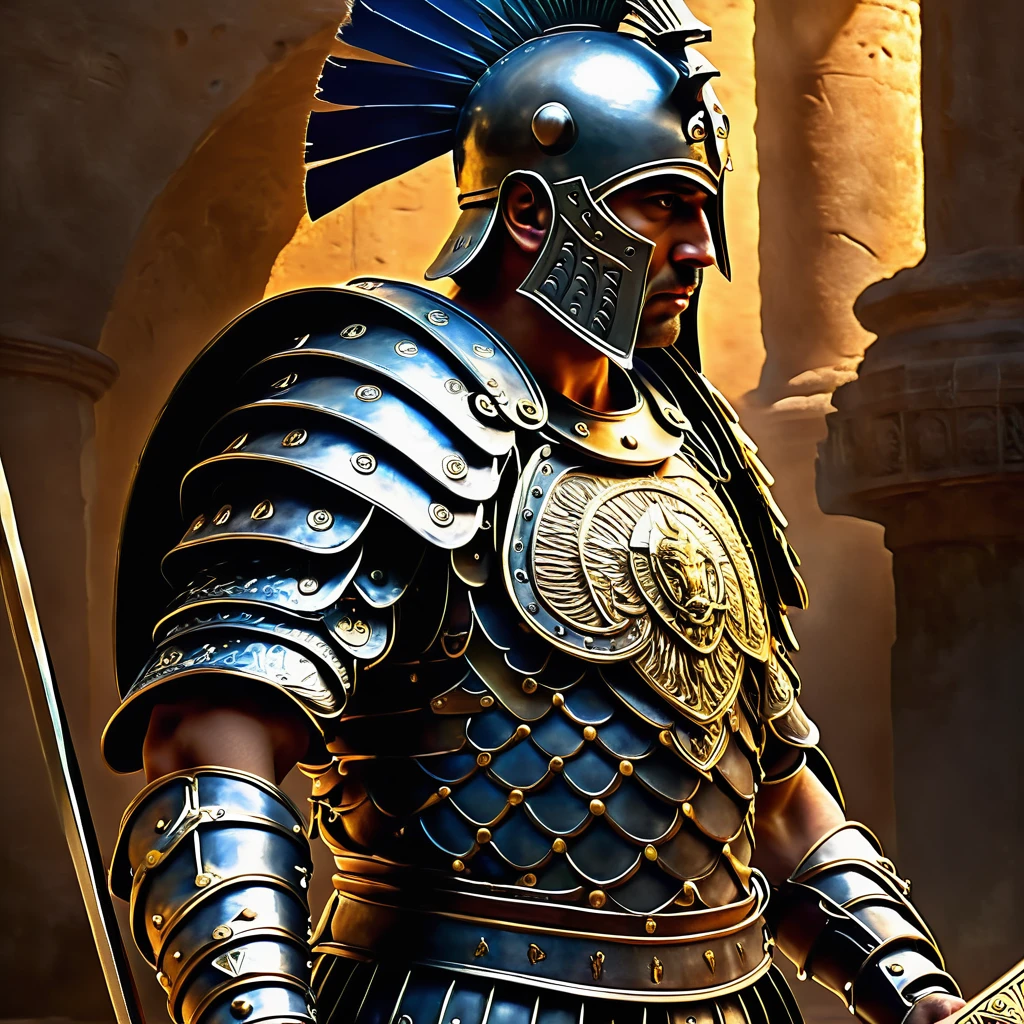 a fierce and battle-worn gladiator, detailed armour, ancient greek armour, dramatic lighting, chiaroscuro, scars that tell tales, holding a spear, determined expression, longing for freedom, cinematic composition, dramatic shadows, digital painting, (best quality,4k,8k,highres,masterpiece:1.2),ultra-detailed,(realistic,photorealistic,photo-realistic:1.37)