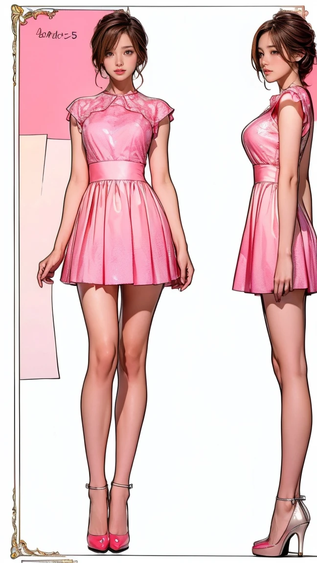 ((masterpiece)),(((Highest quality))),((((Character design sheet)))),Thin thighs,Long legs,Highest quality,masterpiece,Ultra-high resolution,(Actual:1.4),Original photo,Ultra-high resolution,8k,There are women,Fair skin,Big wave diamond White and pink collaboration dress:1.5,High heels,Long legs:1.5,Bright and beautiful,high waist,Flashy makeup using red eyeshadow,
