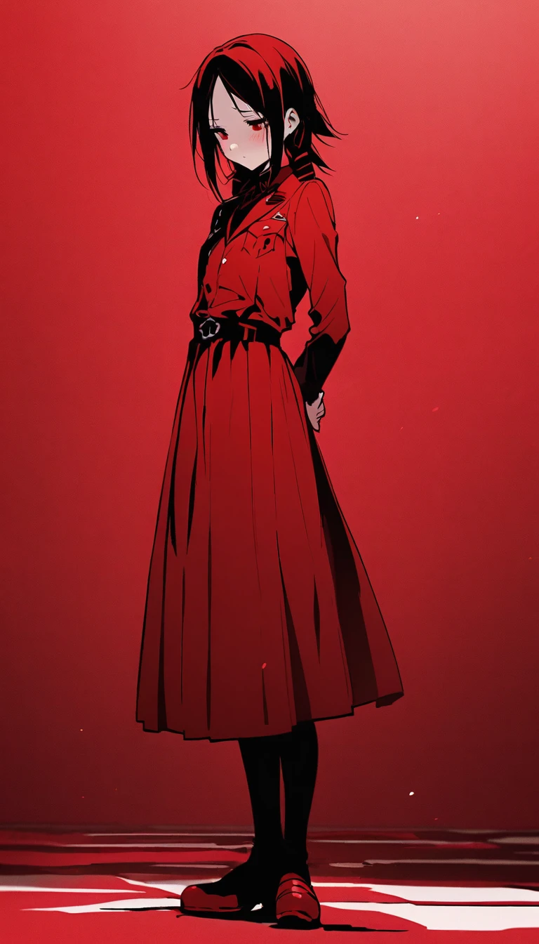 Shinomiya Kaguya from Love is war, Shy, Red Theme, Perfect, Full Body. with her hand behind her back