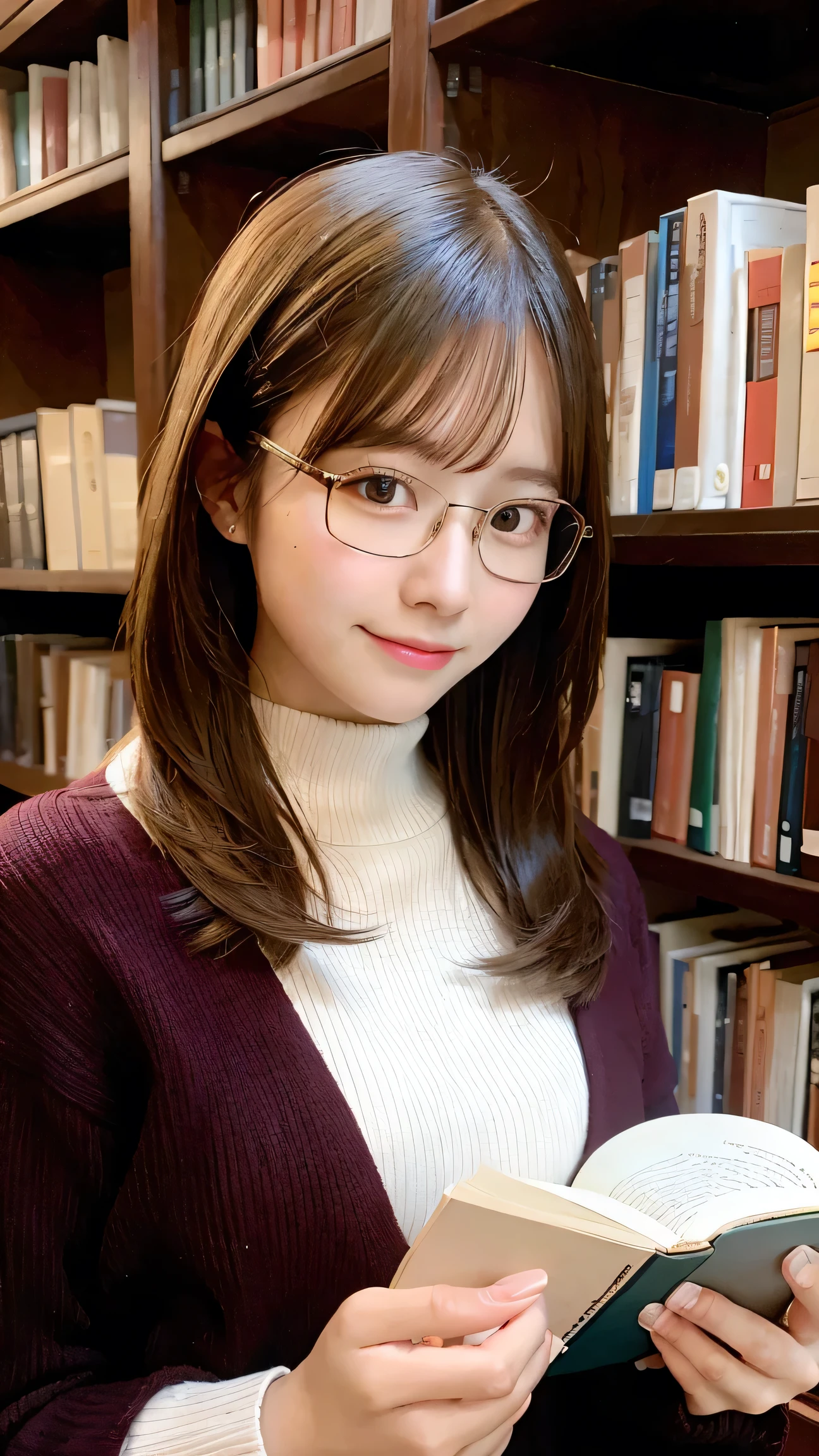 best quality, 1girl, reading a book, cozy library, glasses, casual outfit, intellectual look, warm lighting, detailed background