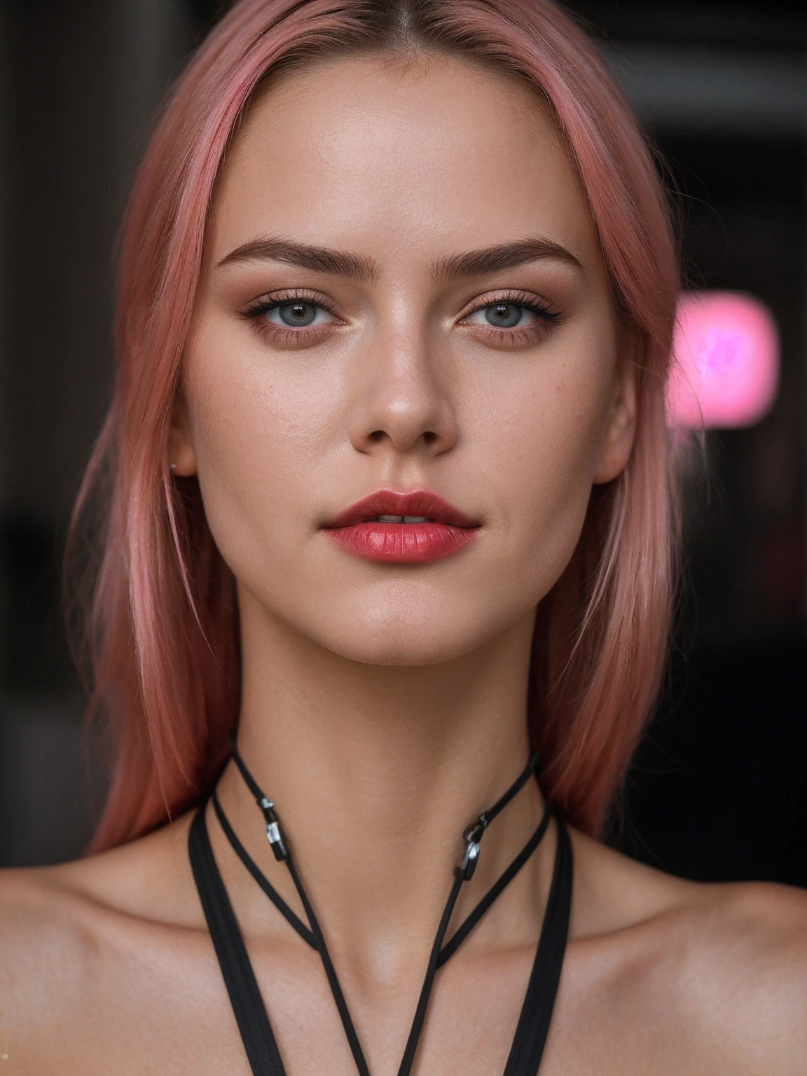 ((masterpiece)), RAW photo, (photo realistic:1.2), (extremely detailed), (sexy, erotic), High Detail, beautiful eyes, detailed eyes,chocker, detailed face, perfect facial details, perfect mouth, detailed lips, solo, skinny muscular young woman, pink hair, (cyberpunk bodysuit), kneeling, (realistic detailed skin), outdoors, cyberpunk, night, rain, volumetric lighting, (film grain:1.2), red glossy lipstick,facing the viewer, cameltoe, sitting with legs spread, longing gazing hungry sexy facial expression, arms behind back, hands not visible