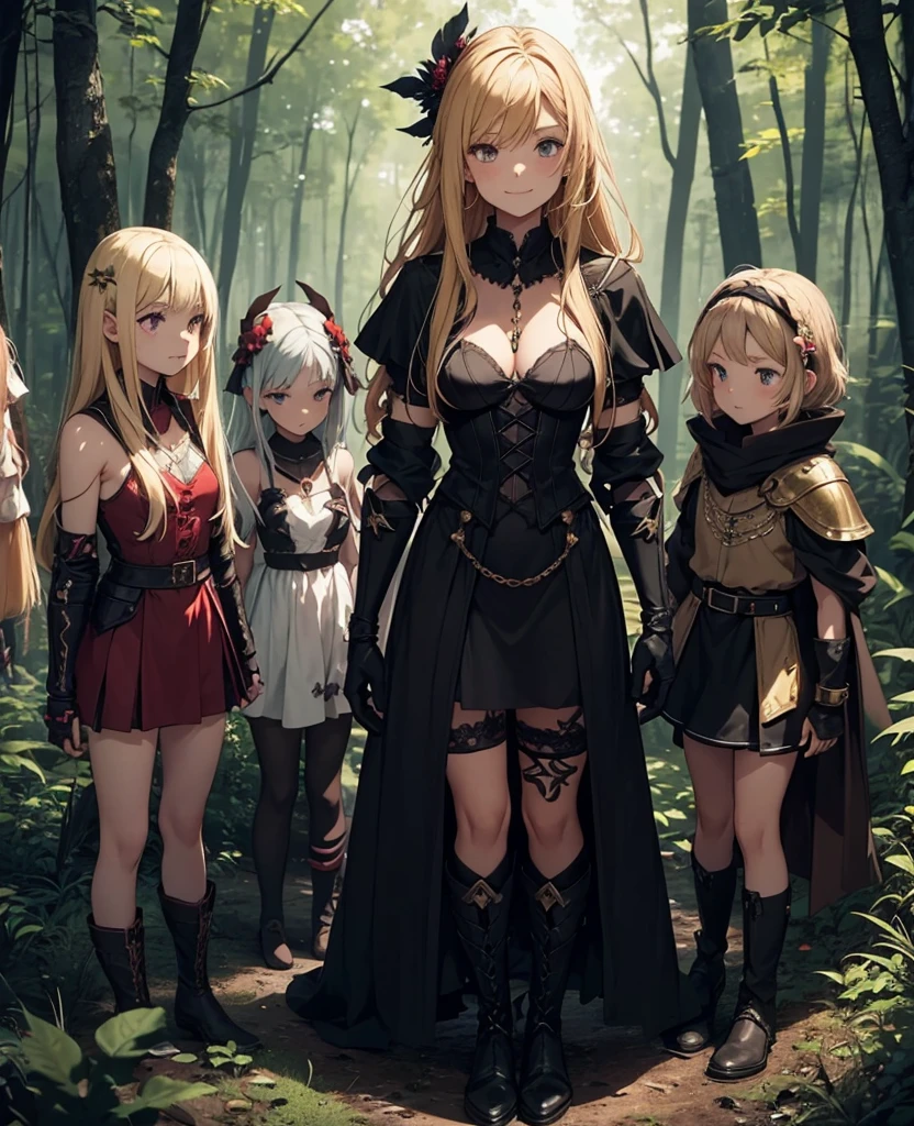 a group of beautiful witch girls in the middle of a forest in the night, tribal tattoo ,multiple girls, five girls, light armor ,elbow pads, knee pads, red and blonde hair , standing girl young girl, gloves, elbow pads, boots, smiles, small breasts, long black dress, necklaces, full body,
