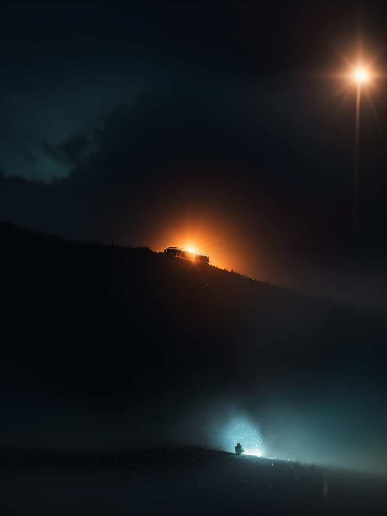 (Sumilux f1.4 24mm , low Latitude old color negative film , cross process , bokeh, flare, chromatic aberration , soft focus, (Shallow focus) , soft glow , Maximum aperture, High Key , Transparent depiction) , Late at night, a locomotive approaches through the fog.