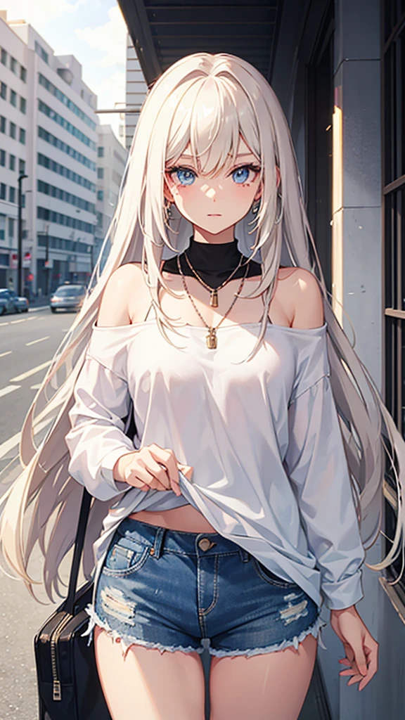 This character is designed with adorable and charming appearance. She has long platinum blonde hair that falls softly over her shoulders.. Your eyes are big, bright and intense blue, conveying a sweet and friendly expression. She wears a light pink sweatshirt, which contrasts well with her light hair and blue eyes, plus a necklace that complements your look. down, She wears ripped denim shorts, adding a casual touch to your style. The soft lighting of the image further highlights its beauty and the light atmosphere around it..