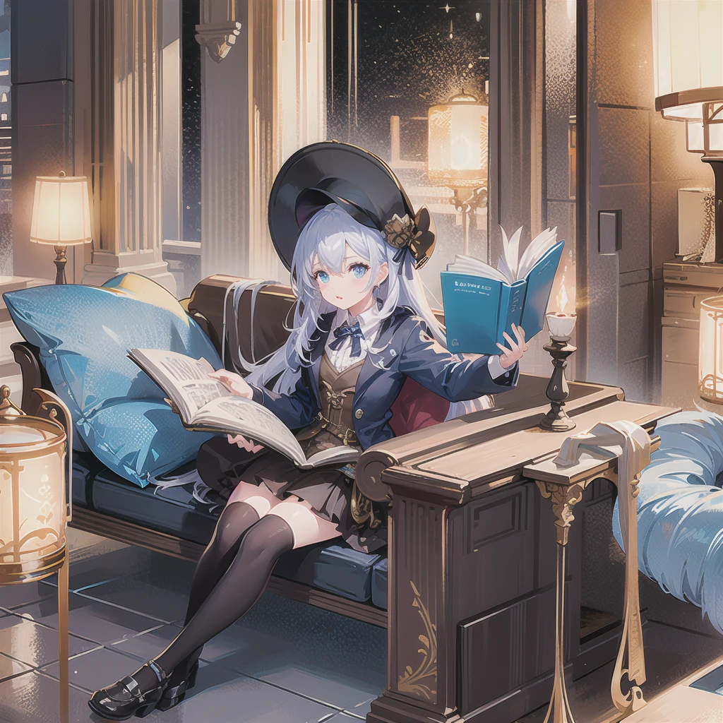 Highest quality, Ultra-high resolution, One girl, cute, Blue Eyes, highlight, Steampunk background, Professional Photographer, Night Library、Reading a book