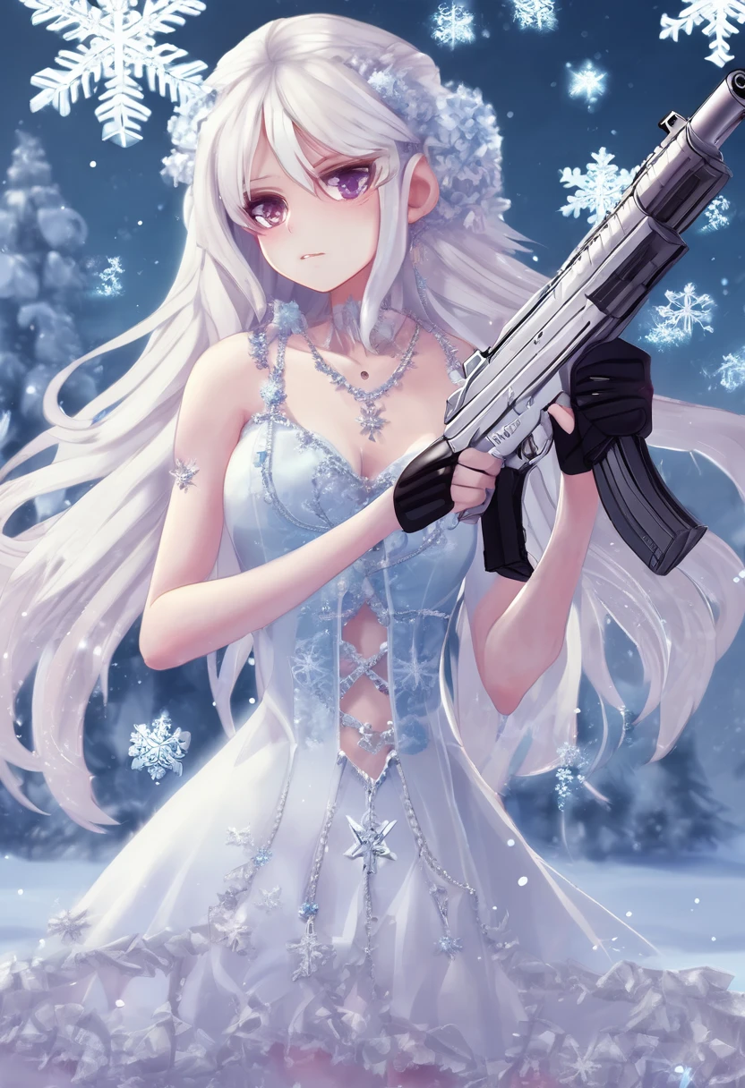 eah, ice, holding, crystalwinter, long hair, snowflakes, cross-laced footwear, white footwear, very long hair, gun, necklace, holding flower, 1girl, teeth, dress, eyelashes, upper body