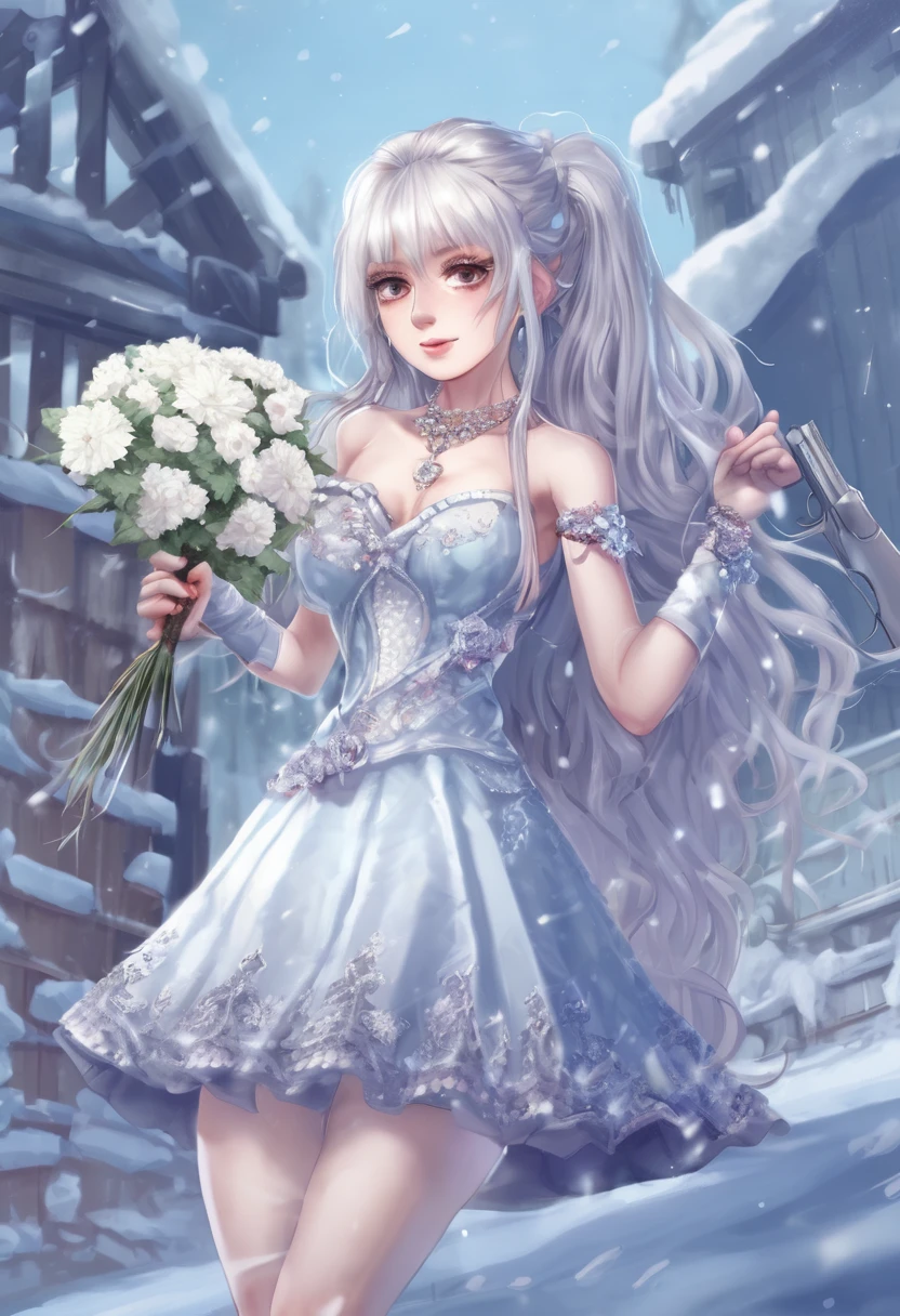 eah, ice, holding, crystalwinter, long hair, snowflakes, cross-laced footwear, white footwear, very long hair, gun, necklace, holding flower, 1girl, teeth, dress, eyelashes, upper body