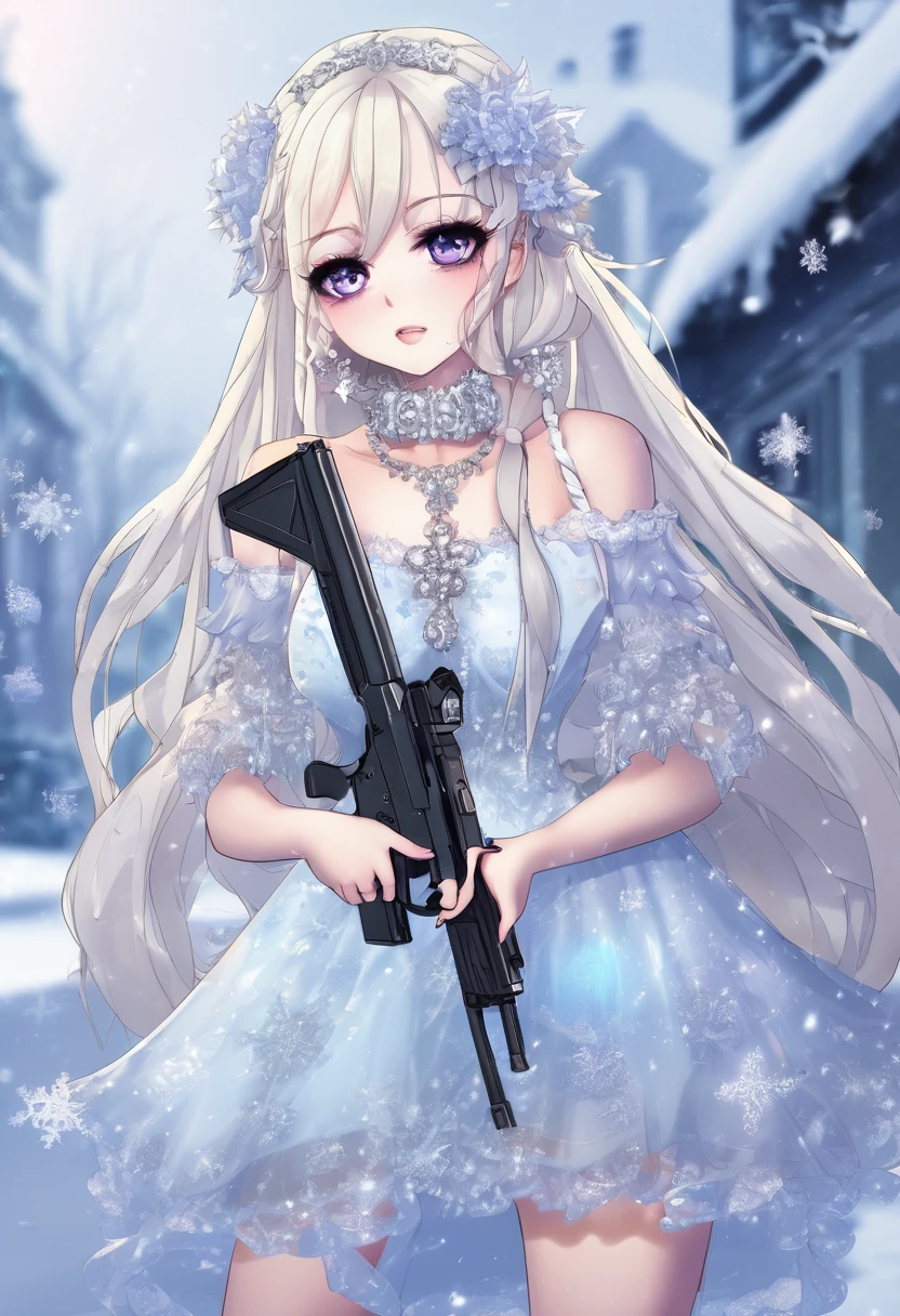 eah, ice, holding, crystalwinter, long hair, snowflakes, cross-laced footwear, white footwear, very long hair, gun, necklace, holding flower, 1girl, teeth, dress, eyelashes, upper body