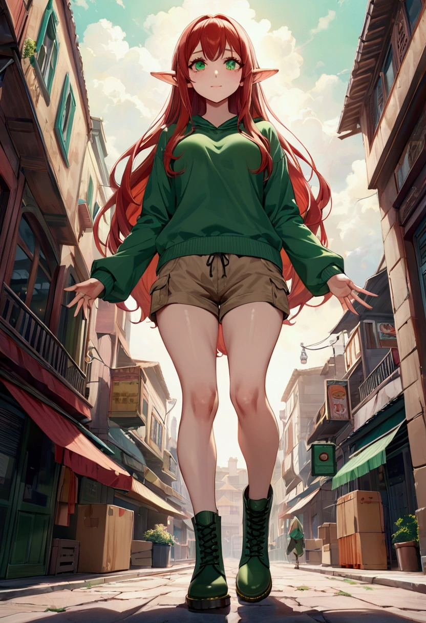 Absurd, ultra-detailed, high quality, NSFW masterpiece, beautiful eyes(detailed eyes), detailed full body picture. A red headed female elf with long hair and pointy human-sized ears. She has a green top and light brown cargo shorts. She has back Doc Martens and emerald green eyes. The camera is placed by her feet and looks up at her, with give the impression that she's gigantic! She stares down at the camera and grins mischiefully! You can see in her eyes she has all the power and authority