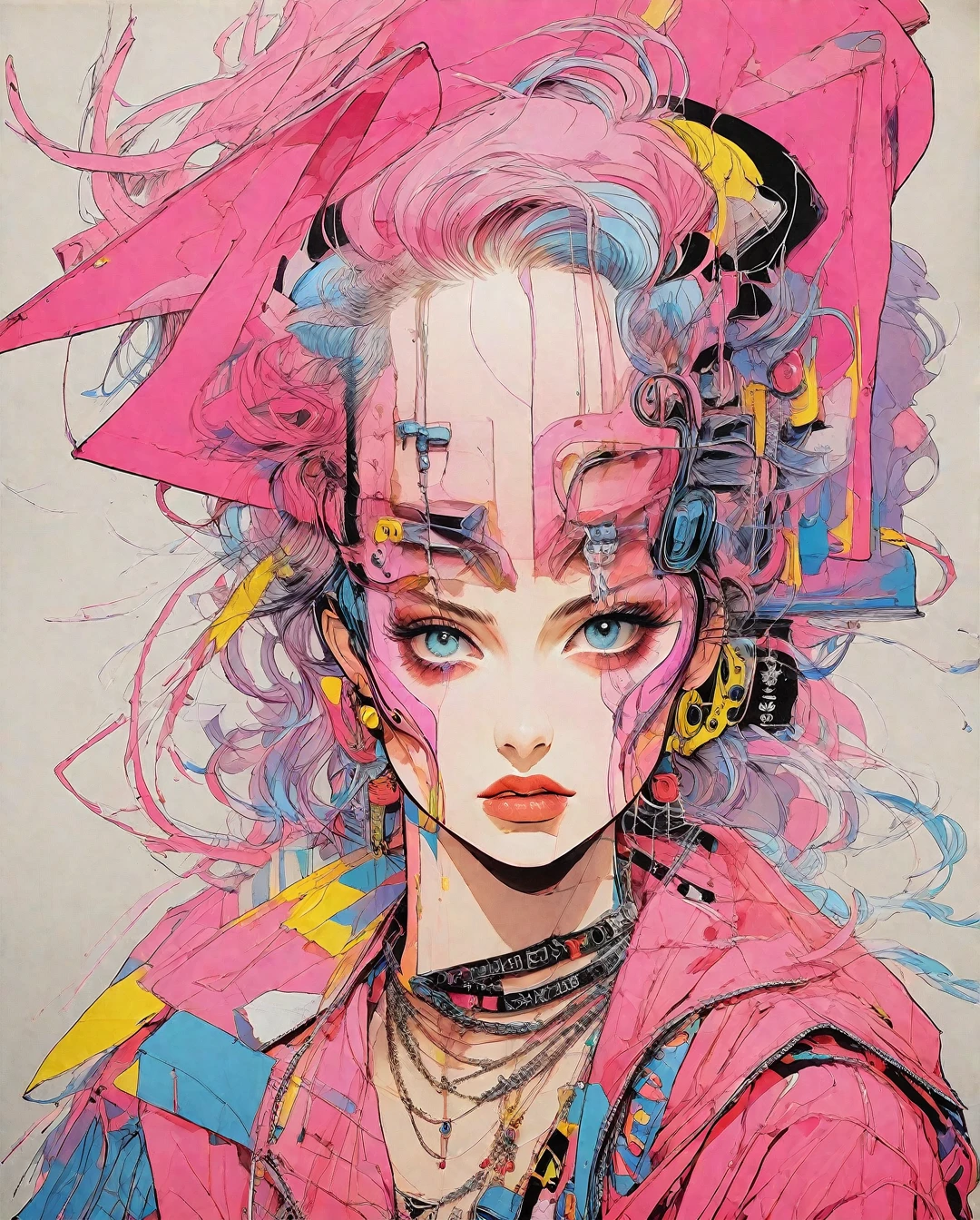 (Highest quality:0.8), (Highest quality:0.8), Perfect illustration,Flat color photography stills (masterpiece:1.2, Highest quality), (live-action, Intricate details), (1 Female, alone, Upper Body, big) Clothes:Avant-garde,Avant-garde,Experiment with looks:Carly,Dramatic makeup,Unconventional fashion choice behavior:Defiance、Non-conformist、place of provocation:Urban Arts District、Underground Music Venues Hobbies:Attending a punk show、Creation of multimedia art、experiment with different subcultural values:personality、Really、Creative Expression of Inspiration:Punk Rock Music、A symbol of counter culture,Characteristics of the avant-garde art movement:Boldness、Boldness、Think outside the box。.,... Anime girl from the 80s anime series drawn by Hajime Sorayama, Avert your eyes from the audience, Solemn expression