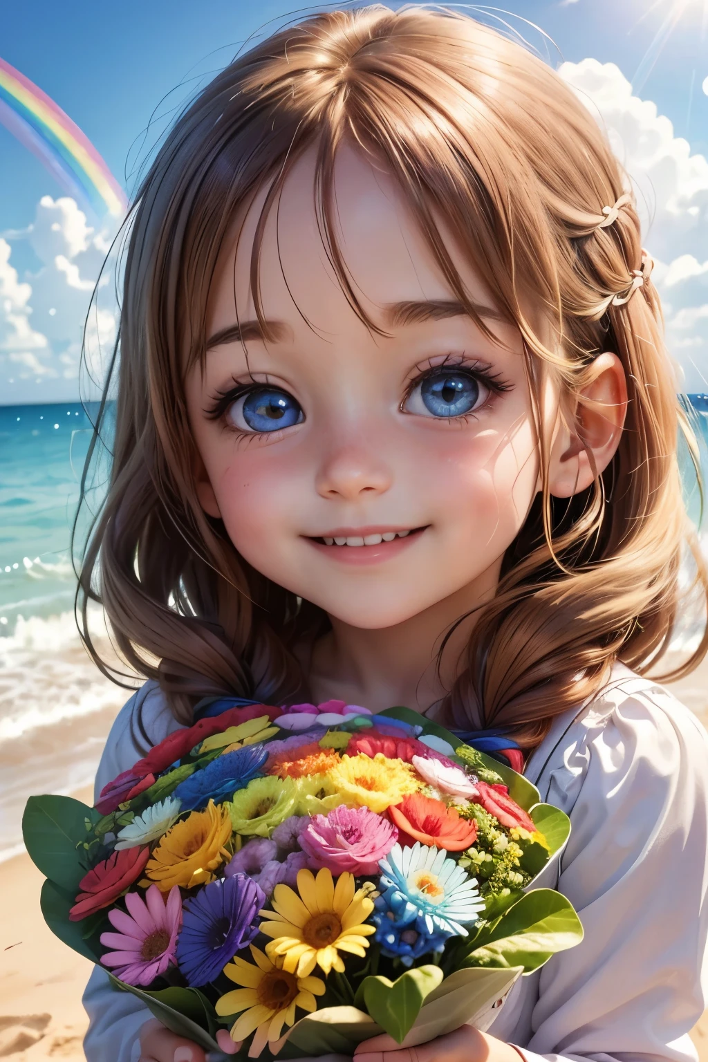 Best picture quality, rainbow in the sky, detailed eyes, long eyelashes, cute little 5 year old girl playing on the beach, smiling very happily, amazingly large shining eyes, long eyelashes, chestnut hair, very pretty innocent girl, friendly and happy smile, floats and soap bubbles, pretty flowers, beautiful rainbow in the sky,