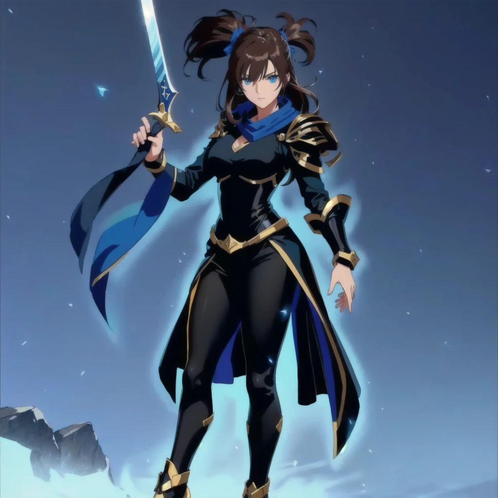 a close up of a person holding a sword in a field, portrait knights of zodiac girl, epic mage girl character, knights of zodiac girl, fighting game character, fullbody rpg portrait, hero character art, black clothes, brown hairn blue pattern, dark blue eyes, blue scarf