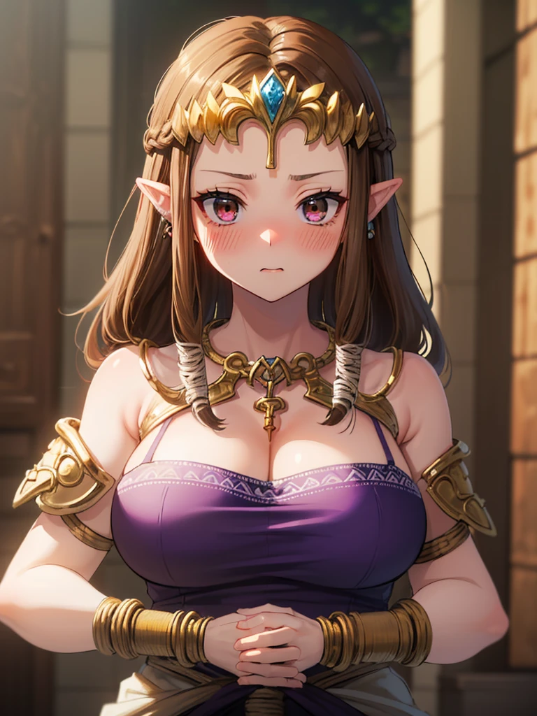 ((((restrained, shackles, rope)))),((surprised),((A lot of rope around the neck)),((A large amount of thick rope)),((((Exposed shoulders)))),(((A lot of rope around the waist))),,(((Golden hair ornament)),,(((Long Hair)))),((Big Breasts)),((((Exposed shoulders)))),((Very beautiful mature woman)),Princess Zelda, ((Highest quality)),,(Very detailed) ,((Purple blouse)),Brown Hair,((Embarrassed look)),blush, ((Highest quality)), (Very detailed), ,(((Dark brown hair))),Nintendo, (Straight hair), face,blush,((Upper Body)), ((Highest quality)), (Very detailed), ,