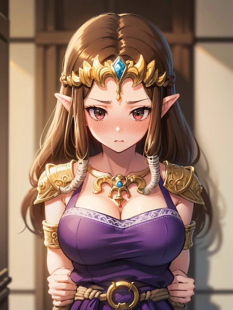 ((((restrained, shackles, rope)))),((surprised),((A lot of rope around the neck)),((A large amount of thick rope)),((((Exposed shoulders)))),(((A lot of rope around the waist))),,(((Golden hair ornament)),,(((Long Hair)))),((Big Breasts)),((((Exposed shoulders)))),((Very beautiful mature woman)),Princess Zelda, ((Highest quality)),,(Very detailed) ,((Purple blouse)),Brown Hair,((Embarrassed look)),blush, ((Highest quality)), (Very detailed), ,(((Dark brown hair))),Nintendo, (Straight hair), face,blush,((Upper Body)), ((Highest quality)), (Very detailed), ,