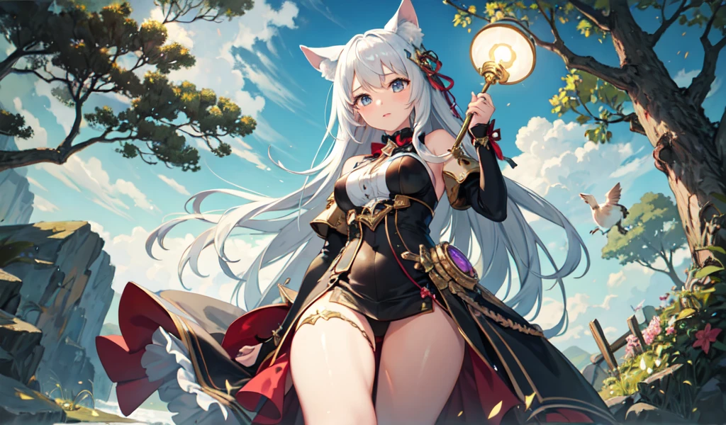 ((Highest quality)), ((masterpiece)), (detailed), One girl, Animal ears girl,Angle from below,On the tree