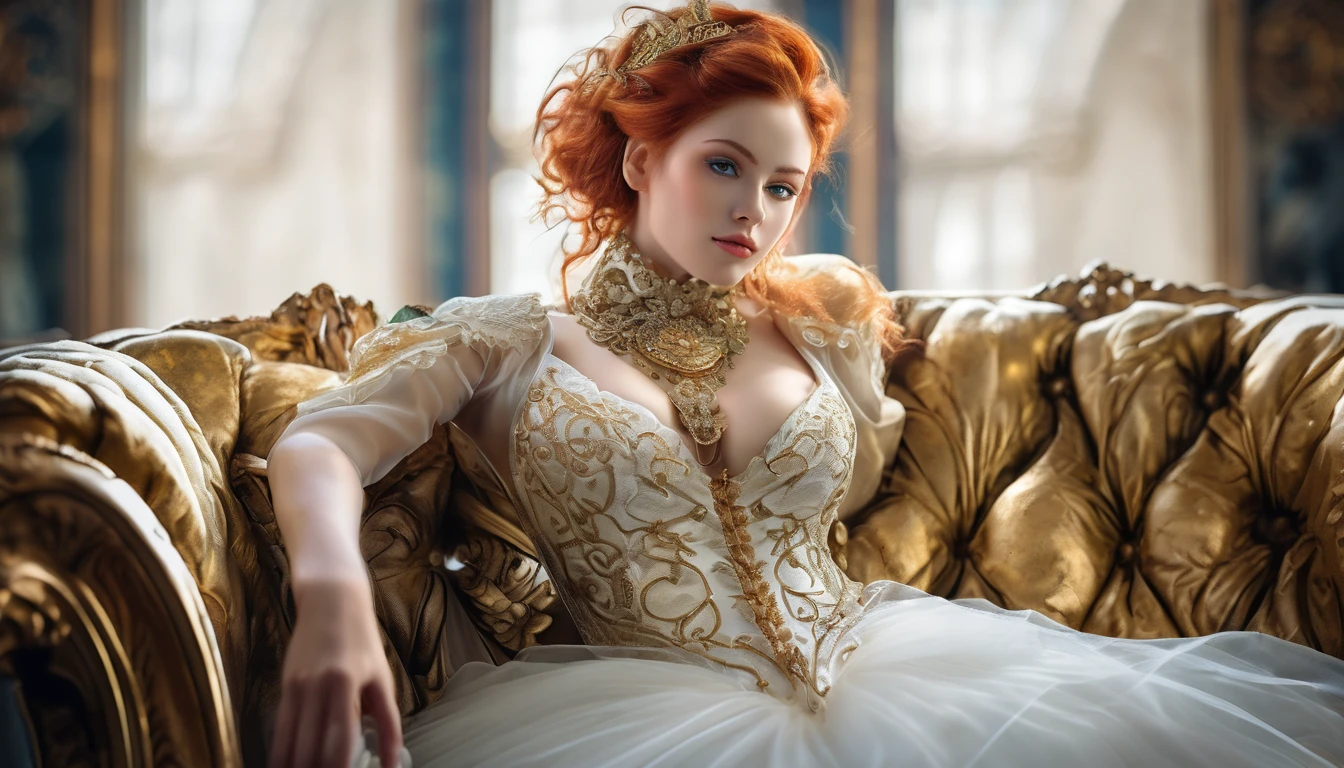 photo, 8k ((surréaliste)) statue d'une sublime femme rousse Steampunk en marbre blanc alangui sur un sofa, plan large, corps entier, souriante et radieuse, bustier incrusté de fines dentelles complexe fractal, bustier effet push-up, complexe, élégante et sensuelle, très détaillé, majestueuse, digital photography, art by artgerm and ruan jia and greg rutkowski surréaliste painting gold and silver filigree, (cheveux verts très long), verre brisé, (chef-d'oeuvre artistique, Éclairage latéral, HDR, Réaliste, HD), sublime grosse poitrine push-up