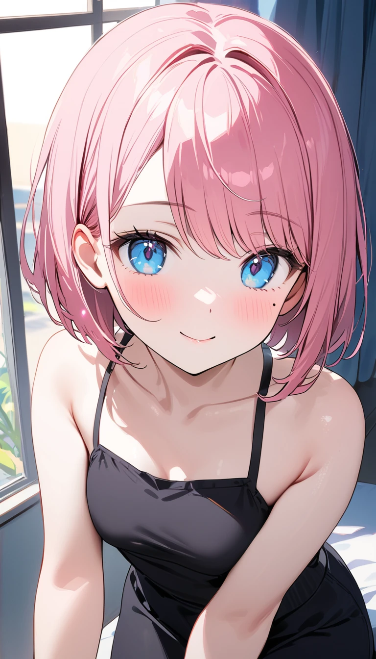 (1 girl),(Best Picture Quality, 8K, Masterpiece:1.3), (high school student:1.5), ((pink lob hair:1.1)), (bob cut),(swept bangs), (cute eyes, pupil black, iris skyblue, youthful face), (mole under right eye), (standard weight), (small breasts), (glistening skin:1.1),(pale skin:1.2),((Minimalist fashion)),(magnificent view),(Smile).