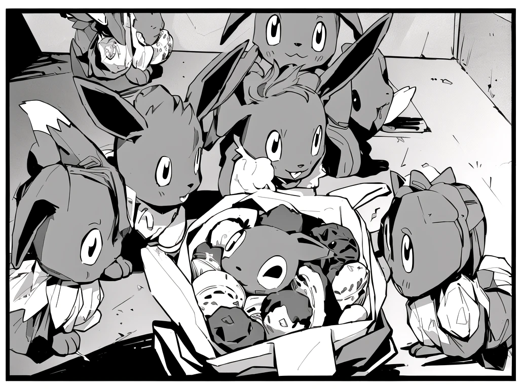 a group of Pokemon Eevees, there are plastic bags containing food such as meat patties and others, there are 6 Eevees, black and white, ((LineArt))