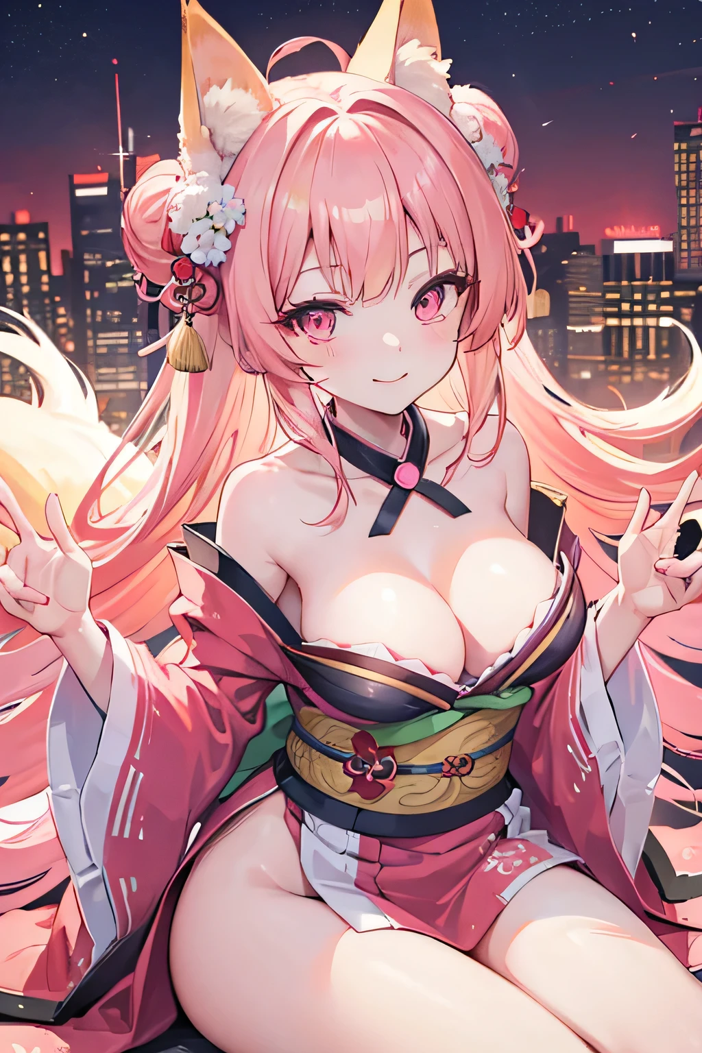 Fox Girl，Nine Tails，A-cup breasts，kimono，Pink Eyes，Long blond hair，Lovely smile，City night scene