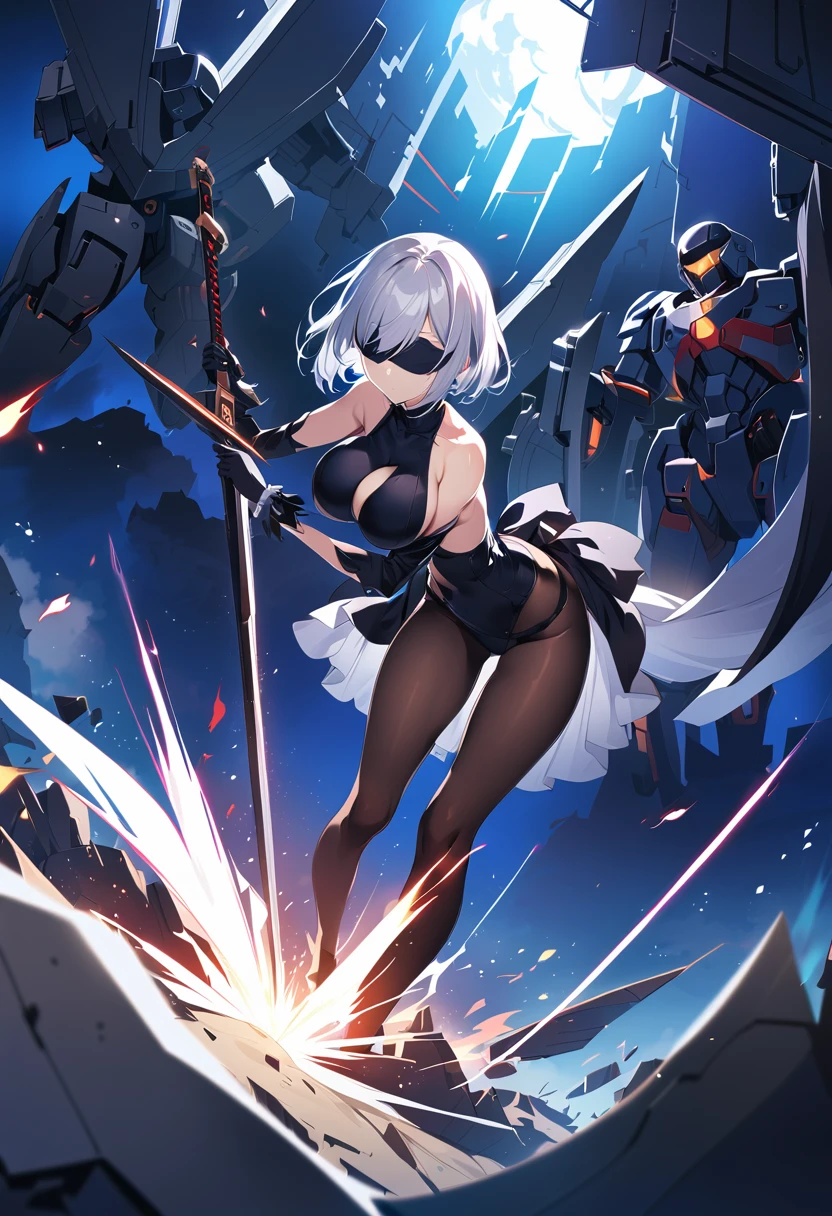 2B Nier Automata,masterpiece, 最high quality, High resolution,  Black clothes 、Black Pantyhose、Dark church at night、Wear a miniskirt、Thin legs、Big Breasts、Slim figure、high quality　CG Tone、Gray Hair、Black blindfold、Short Bob、Surrounded by mechanical soldiers、Cutting a mechanical soldier with a sword、stylish、Japanese sword、Clothes get torn、Damage、Being attacked