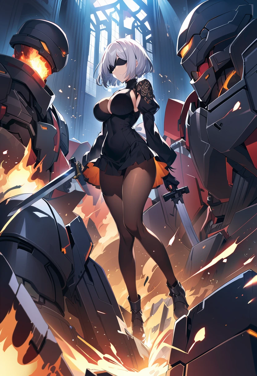 2B Nier Automata,masterpiece, 最high quality, High resolution,  Black clothes 、Black Pantyhose、Dark church at night、Wear a miniskirt、Thin legs、Big Breasts、Slim figure、high quality　CG Tone、Gray Hair、Black blindfold、Short Bob、Surrounded by mechanical soldiers、Cutting a mechanical soldier with a sword、stylish、Japanese sword、Clothes get torn、Damage、Being attacked