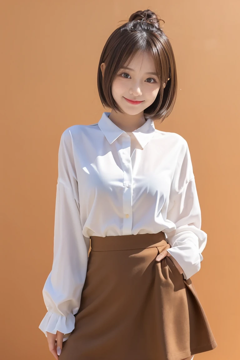 A cute anime-style girl is standing. She has short brown hair and large brown eyes, and is wearing a white blouse paired with an orange skirt. The background is simple, emphasizing her bright and cheerful expression