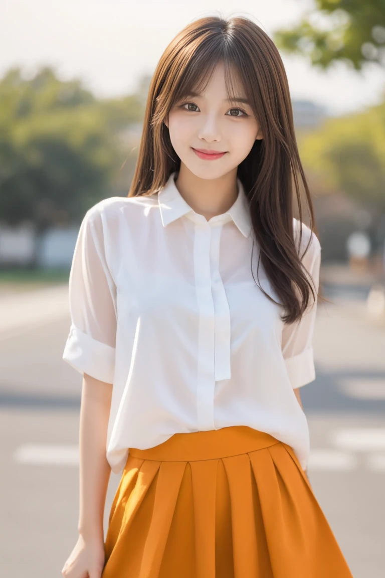 A cute anime-style girl is standing. She has short brown hair and large brown eyes, and is wearing a white blouse paired with an orange skirt. The background is simple, emphasizing her bright and cheerful expression
