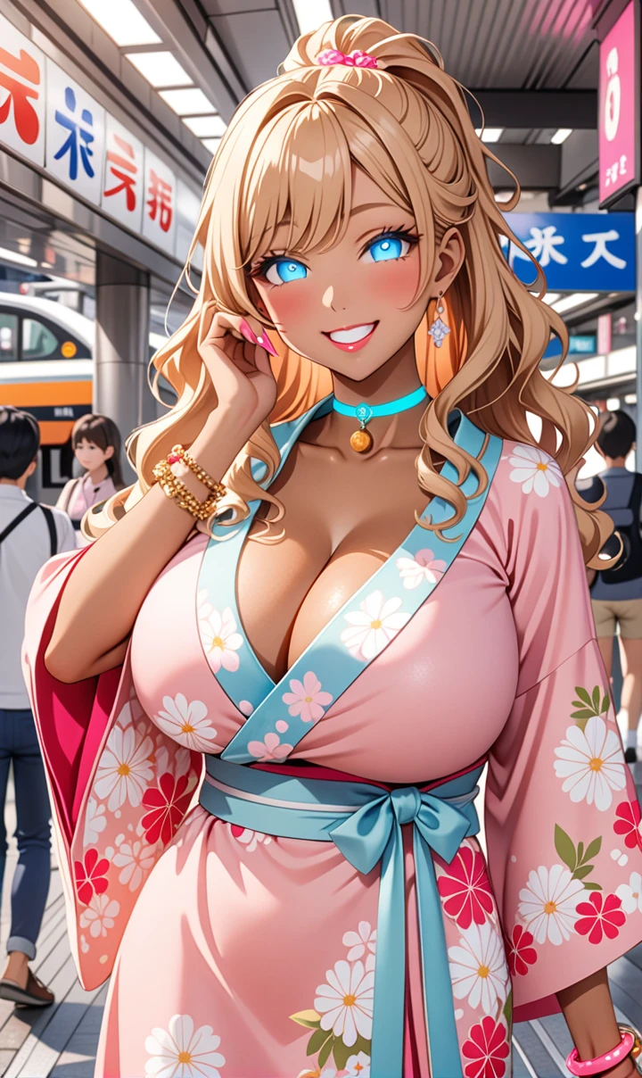 ultra-detailed, ((one girl)), (tan skin:1.3), in pastel colors gyaru, (heavy makeup), (professional lighting) hyper detailed, absurdres, 8k, Beautiful Face, (Laugh shyly), ((teasing smile:1.6)), ((happy smile:1.5)),  ((Wink:1.1)), (Laugh with your mouth wide open),((Tilt your face:1.6)), View your viewers, ((Bright red cheeks:1.6)),Glossy shocking pink lips, ((huge breasts:1.6)),  ((undressing)), noon, summer, In front of Moriguchi Station on the Keihan Line, Anime style background)),masterpiece, Highest quality, (Brighten your face), so beautiful,Latest, Complex details, ((fluorescent pink long nail:1.3)), (ring),(bracelet), (Floral Choker),AI-generated, Complex,High resolution, Highest quality, super high quality,3D Images、3D Images,One person, ((honey blond long hair), (High Ponytail), (wavy hair:1.4), Anime woman posing for a photo, ((Fine grain、blue eyes、glowing eyes:1.4)), (Squint your eyes:1.1),a hyperRealistic , hyperRealistic , Realistic,Anime woman with long honey blonde hair, Smooth anime CG art, A girl in a gorgeous pastel-colored kimono, ((Pastel-colored furisode)),(Pink large floral pattern),  Long flower hair ornament,large gold hoop earrings, Mature Body, tall,Narrow waist, front view, (upper body),  ((Waving to viewers:1.3)),