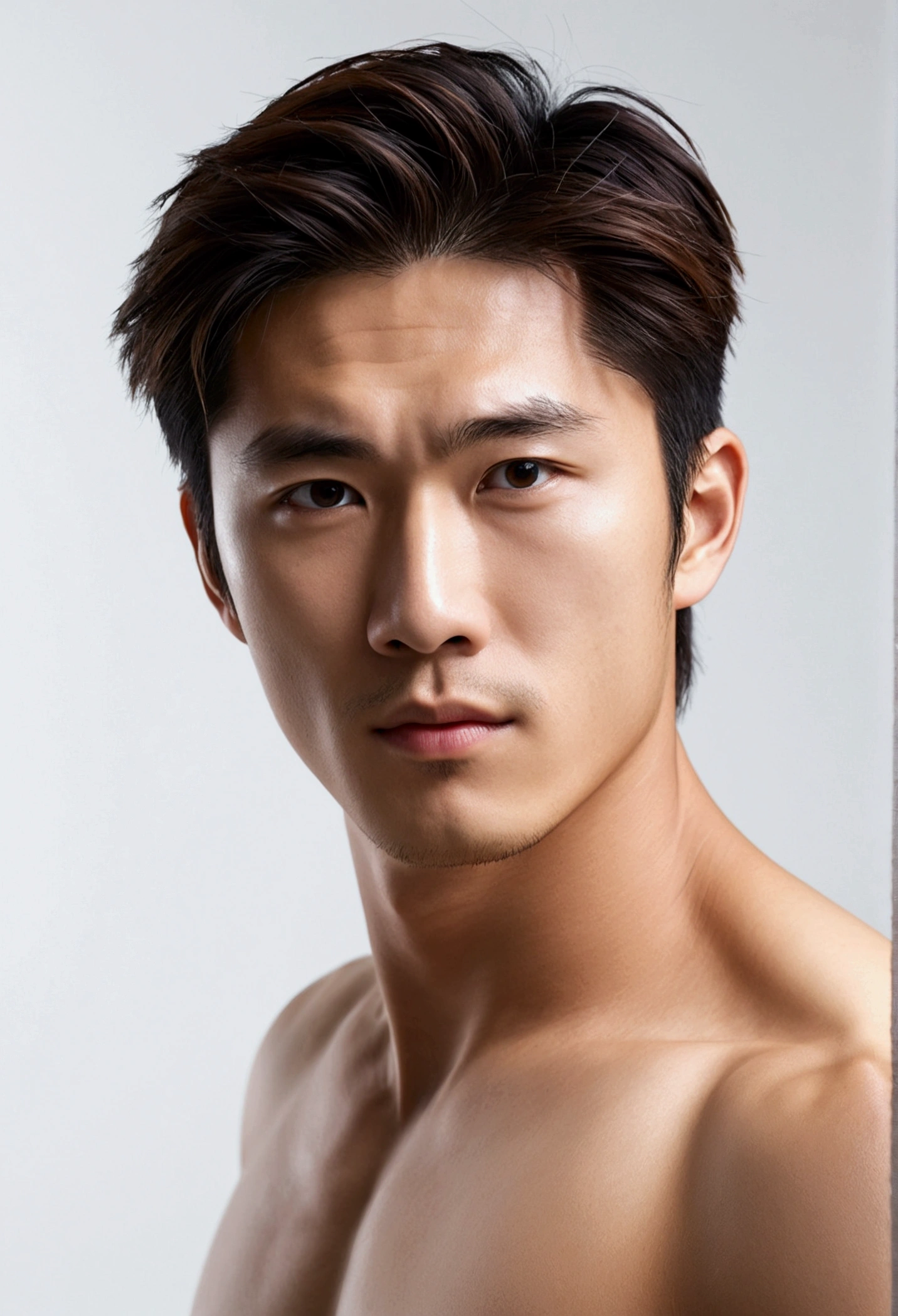 4K camera, perfect face, perfect skin, Japanese man, white shirt, 22 years old, actor, pure white background, completely naked, looking to the side