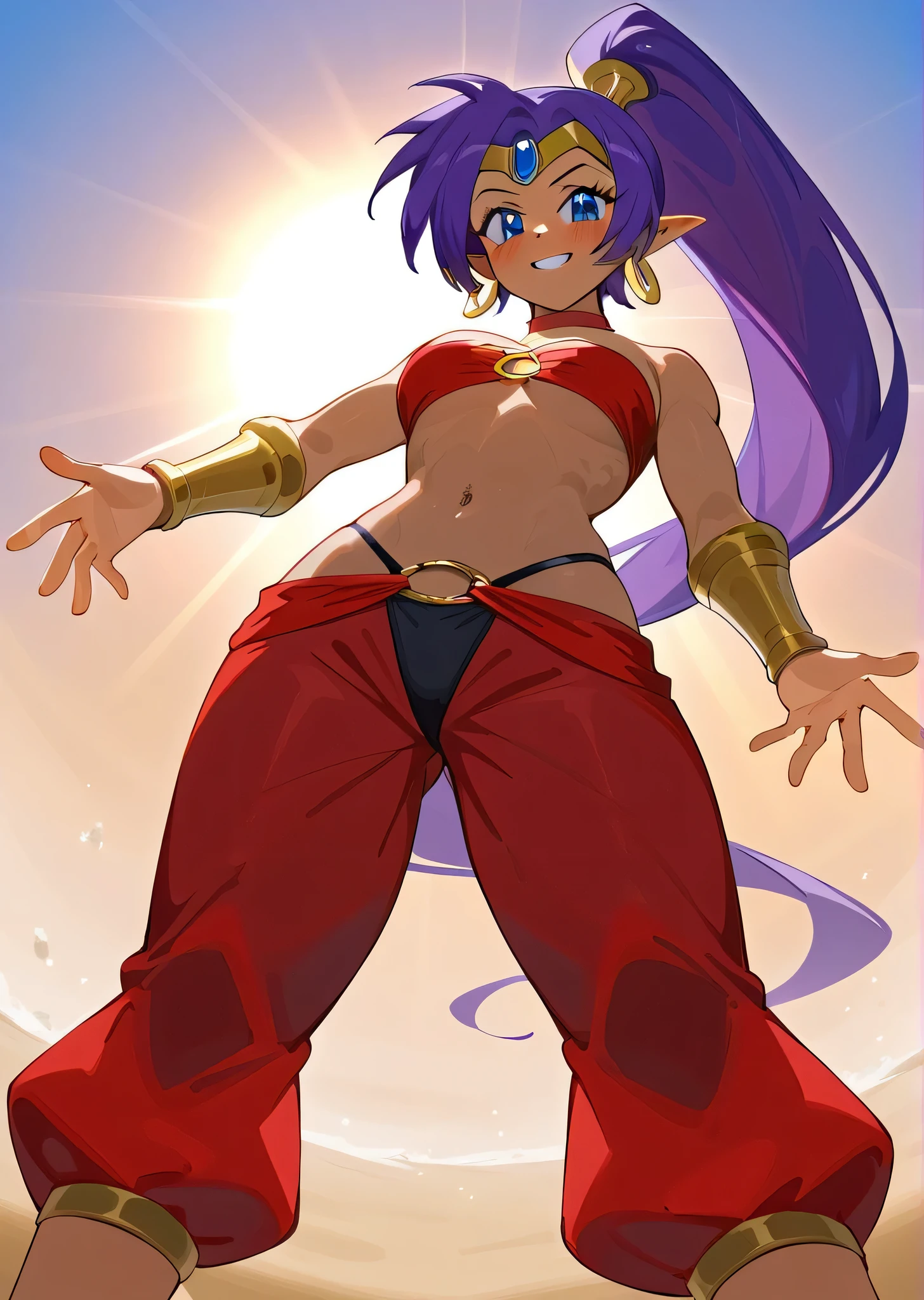 [Shantae], ((masterpiece)), ((HD)), ((high res)), ((solo portrait)), ((low angle view)), ((feet visible)), ((foot focus)), ((detailed shading)), ((intricate details)), {attractive girl, (dark skin tone), (brown skin), (purple hair), (spiky bang), (long ponytail), (cute blue eyes), (curvy hips), (defined muscles), (beautiful legs), (cute soft feet), (blushing), (embarrassed grin)}, {(red o-ring bandeau), (vambraces), (red harem pants), (black panties over pants), gold bracers, gold tiara, hoop earrings, (red choker)}, {(standing on sand), (looking at viewer)}, [ambient lighting, beach, sun rays]