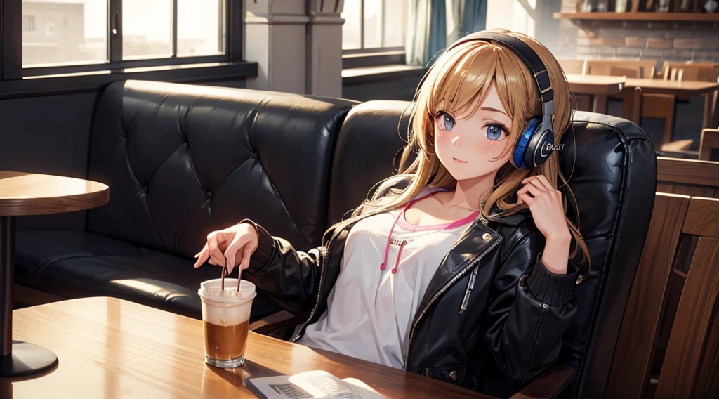 Girl with headphones enjoying music in a cafe I am studying Emphasize a little bit of the chest