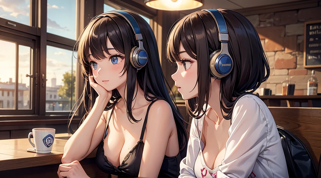Girl with headphones enjoying music in a cafe I am studying Emphasize a little bit of the chest