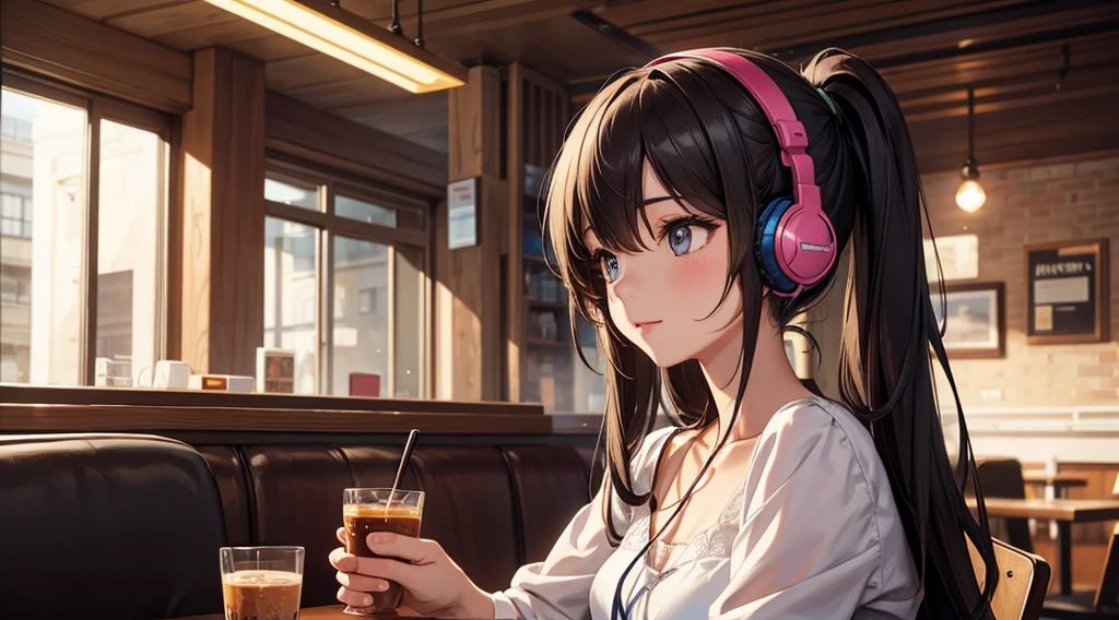 Girl with headphones enjoying music in a cafe I am studying Emphasize a little bit of the chest