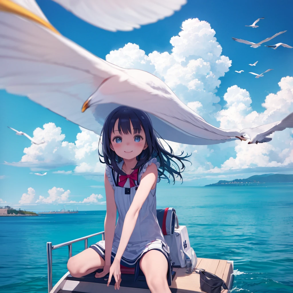 One Girl、Ride a small yacht、On the Sea、Seagull、blue sky、Angle from below、smile、