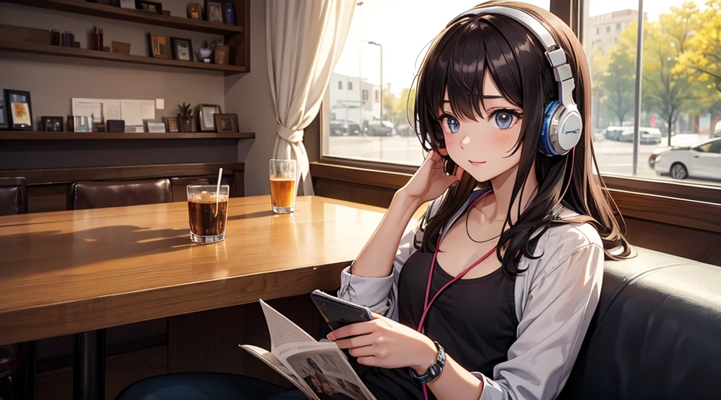 Girl with headphones enjoying music in a cafe I am studying Emphasize a little bit of the chest