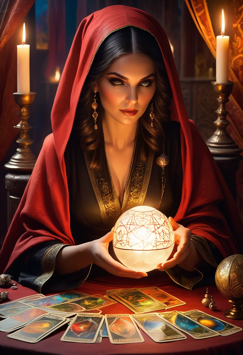 A beautiful and mysterious fortune teller,In a compact and fun environment. Fortune teller wearing a cape, delicate facial features. The scene is dimly lit, Create an atmosphere of uncertainty and expectation. Fortune teller sitting at a table, Decorated with tarot cards, crystal ball, and a tarot deck. The table is surrounded by candles, Add a mysterious atmosphere. The lights in the room were dim, Cast captivating shadows,Improve the mysterious atmosphere. A fortune teller holding a tarot card, Obtain information about the future by observing its signs. The overall artwork should be of the highest quality, The resolution is 4K or 8K. The level of detail must be extremely detailed and realistic, Almost photorealism. The art style should reflect the official aesthetic, bright colors,strong contrast. The color tone should enhance the mysterious and eerie theme of the artwork. The fortune teller's cover is decorated with intricate patterns, metal frame with a thickness ratio of 1.5. Also, a pink decorative border should be incorporated into the composition. The scene should have a magical atmosphere, like a night sky full of stars. The fortune teller's expression should convey a sense of mystery and curiosity.