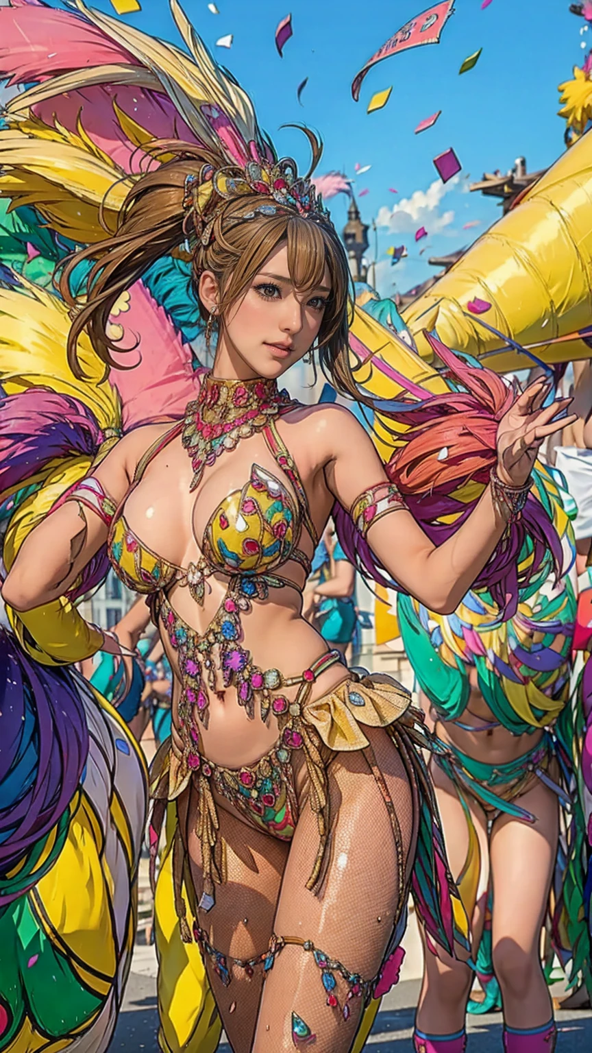 Highest quality, Official Art, masterpiece, Fabric Shading, High resolution, Very detailed, colorful, Best details, Fantasy, random colorのハイレグサンバマイクロコスチューム:1.5, Yuki Mori:1.5, 1 female, Age 25, Brown Hair, short hair:1.7, Twin tails,Wind-blown bangs, Puffy nipples, {{{{{Dancing vigorously in the parade:1.9}}}}}, A castle town with an old castle view, sunny, Large Breasts, skinny, Surrounded by a bunch of male photographers:1.9, She is being photographed by many male photographers.:1.7,Confetti falling, Blessed, welcome:1.5, Camel Toe:1.7, Ground level shot,