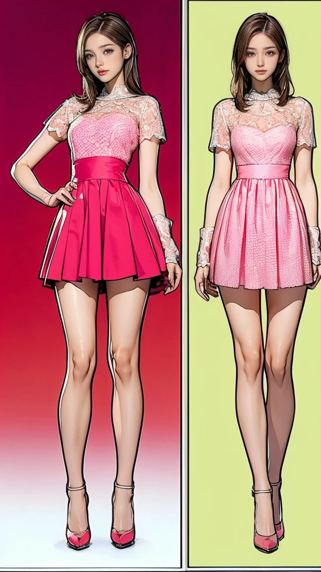 ((masterpiece)),(((Highest quality))),((((Character design sheet)))),Thin thighs,Long legs,Highest quality,masterpiece,Ultra-high resolution,(Actual:1.4),Original photo,Ultra-high resolution，8k，There are women，Fair skin，Big wave diamond White and  pink collaboration dress:1.5，High heels，Long legs:1.5，Bright and beautiful，high waist，Flashy makeup using red eyeshadow，