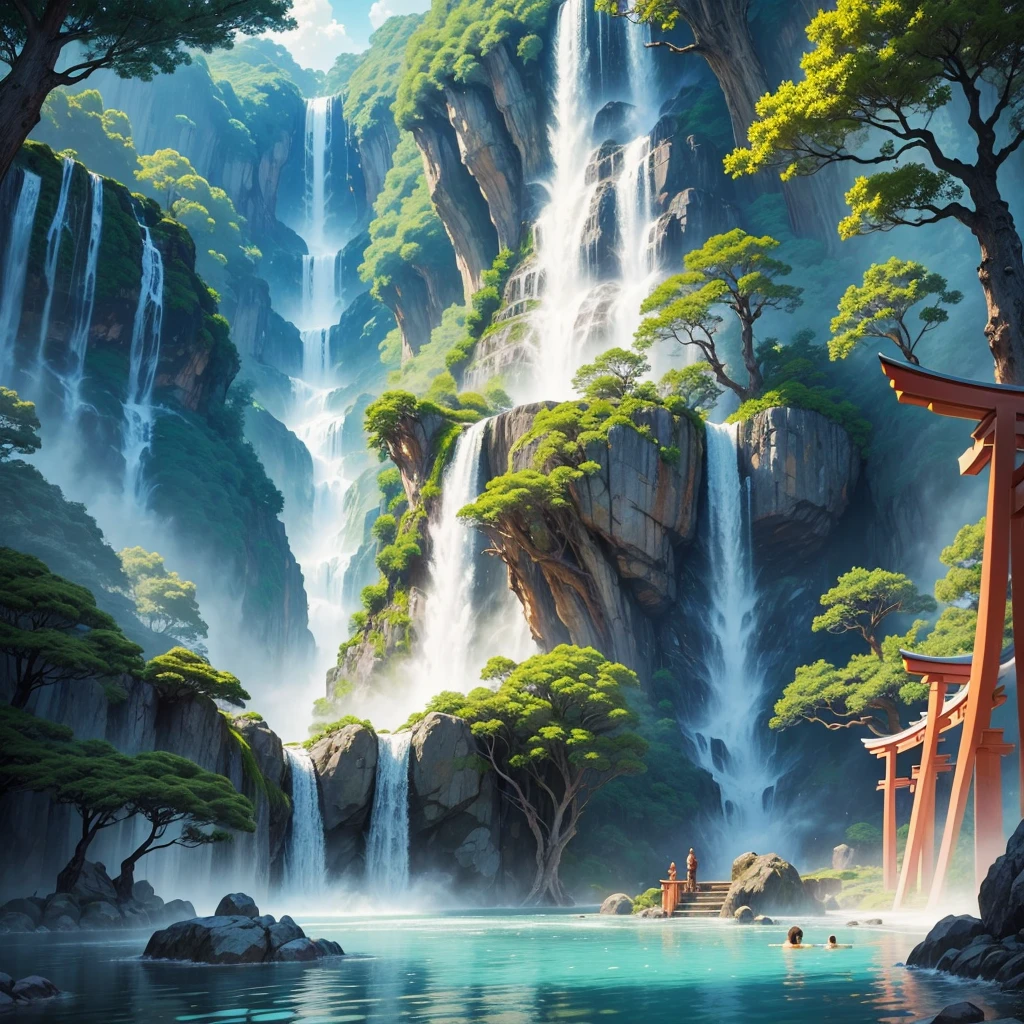 Best Quality,hot spring,Super huge open-air bath,Different world,Super huge tree,Super huge torii,Super giant Buddha statue,masterpiece,Dream world,mysterious,Huge waterfall,8k,Anime Art,romantic,Amazing view,