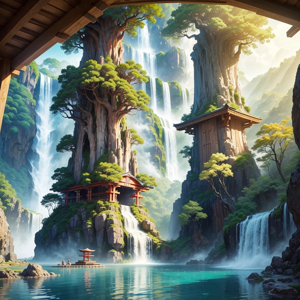 Best Quality，hot spring，Super huge open-air bath，Different world，Super huge tree，Super huge torii，Super giant Buddha statue，masterpiece，Dream world，mysterious，Huge waterfall，8k，Anime Art，romantic，Amazing view，