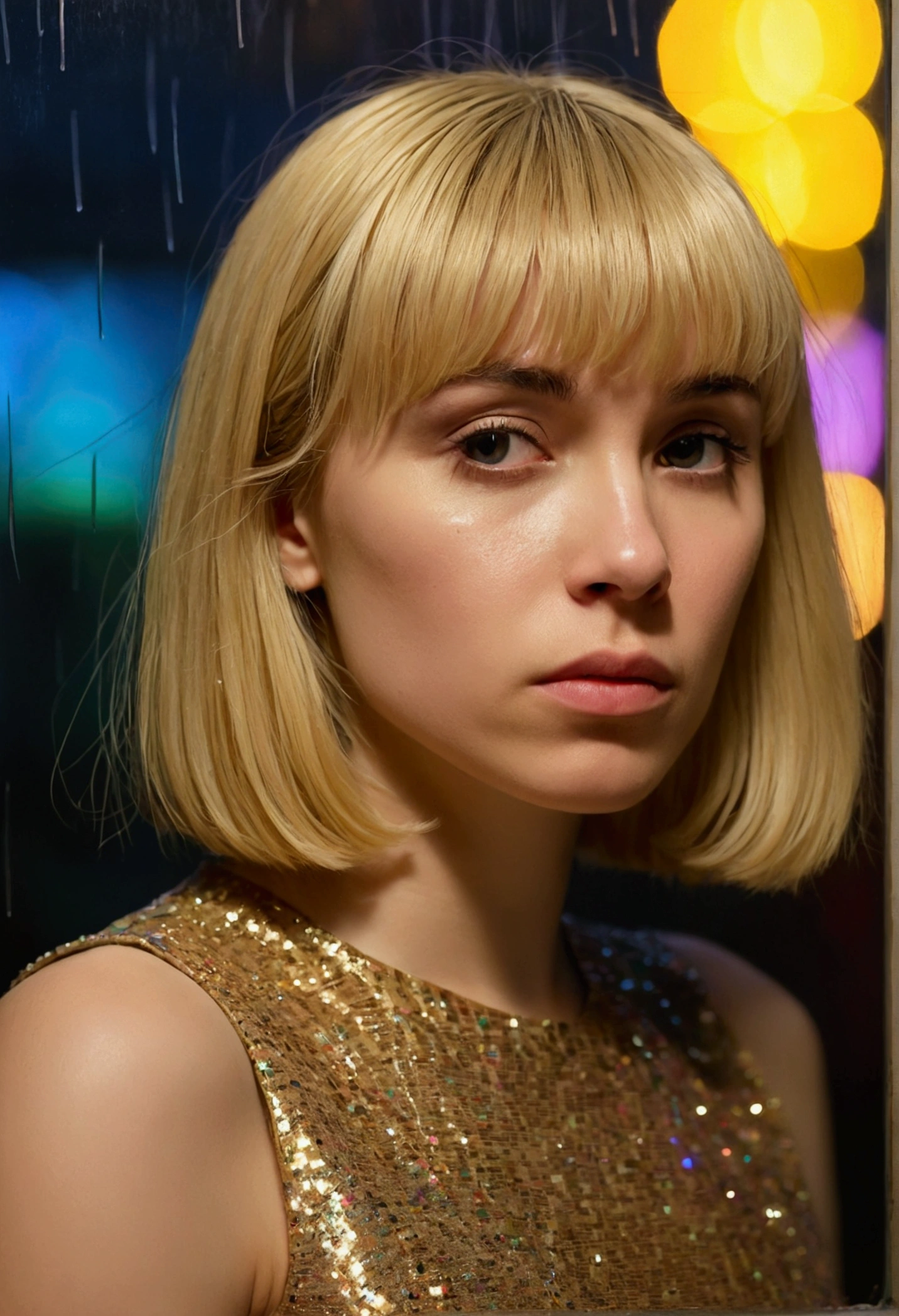 Moody, atmospheric portrait of a person with light skin and shoulder-length blonde hair featuring blunt bangs. The subject is wearing a sleeveless, glittery gold top and is positioned against a rain-streaked window, with colorful, blurred city lights in the background. The lighting casts a greenish hue on the subject's hair and face, creating a dramatic and introspective mood. The person's expression is serious and contemplative, adding to the overall somber tone of the image.