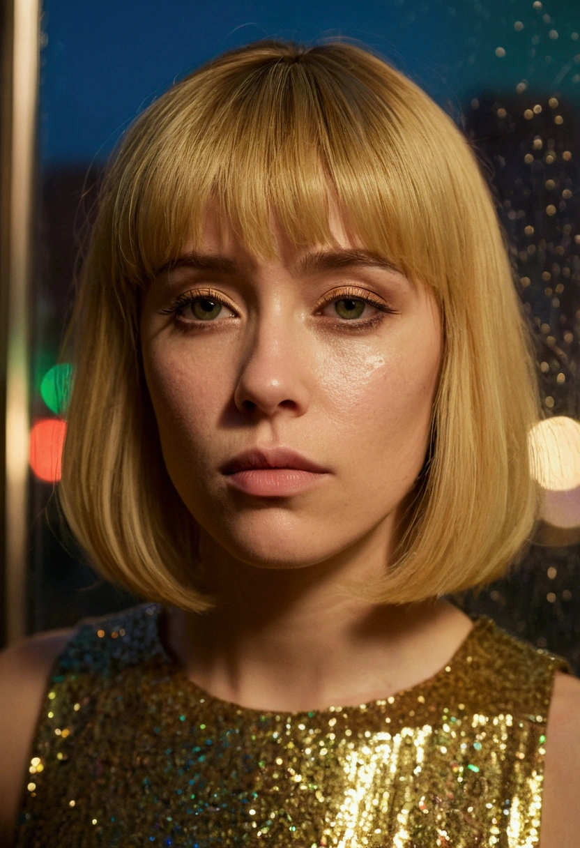 Moody, atmospheric portrait of a person with light skin and shoulder-length blonde hair featuring blunt bangs. The subject is wearing a sleeveless, glittery gold top and is positioned against a rain-streaked window, with colorful, blurred city lights in the background. The lighting casts a greenish hue on the subject's hair and face, creating a dramatic and introspective mood. The person's expression is serious and contemplative, adding to the overall somber tone of the image.
